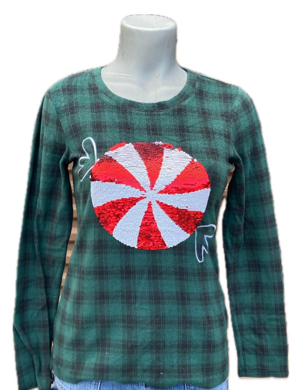 Jaclyn Intimates Holiday Green Plaid Sequin Peppermint Candy Long Sleeve Top